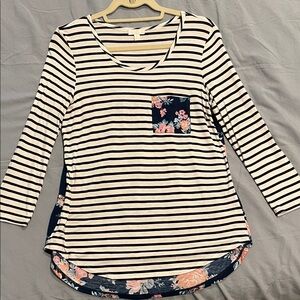 Adorable Black and White Striped Long Sleeve Top with Floral Pocket &Back